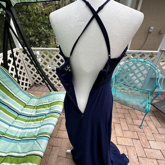 Lulus Womens Blue Gown Medium Madalyn V Neck Lace Chiffon Full Length Maxi - Picture 8 of 15